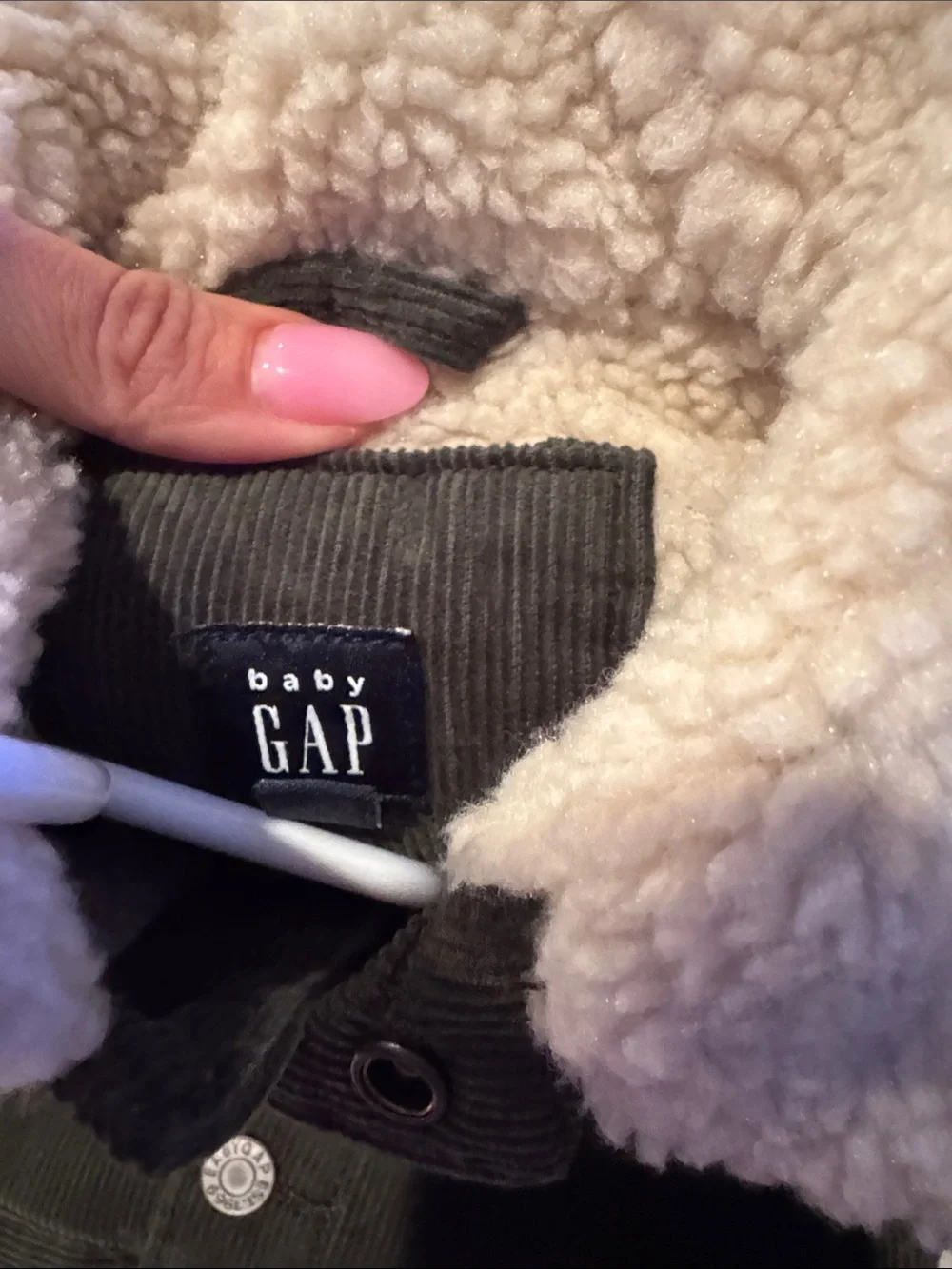 GAP Olive Green Corduroy Jacket with Cream Sherpa Collar